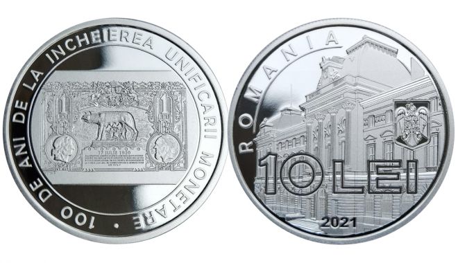 Monedă din argint dedicată centenarului unificării monetare