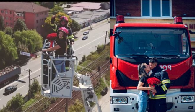 Un pompier din Petroșani şi-a cerut iubita de soţie într-o nacelă de intervenţie, la 35 de metri înălţime