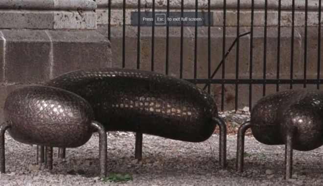 Bănci în formă de "rinichi" în curtea Bisericii Negre din Braşov