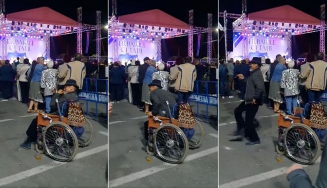 Bărbat în scaun cu rotile, filmat când se ridică şi începe să danseze la Zilele Oraşului Deva